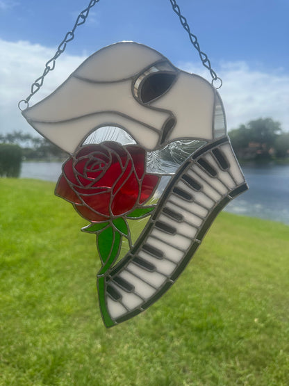 Phantom Mask Stained Glass Suncatcher with Rose & Piano | Gothic Music Window Hanging