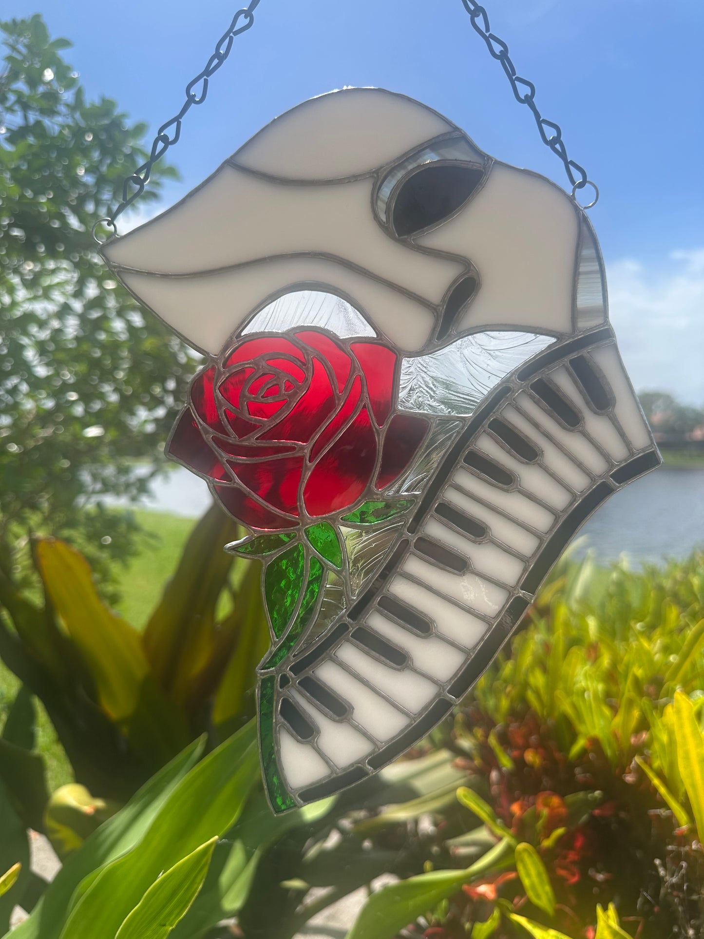 Phantom Mask Stained Glass Suncatcher with Rose & Piano | Gothic Music Window Hanging