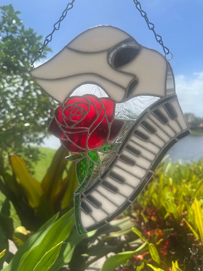 Phantom Mask Stained Glass Suncatcher with Rose & Piano | Gothic Music Window Hanging