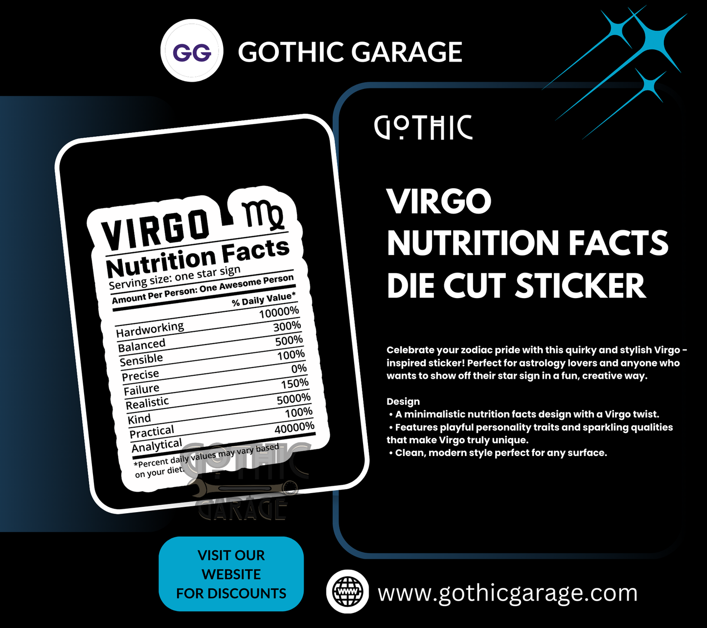 Virgo Zodiac Nutrition Facts Sticker, Waterproof Die Cut Sticker, Choose Between Glossy or Holographic, Perfect to Add Fun to any Surface