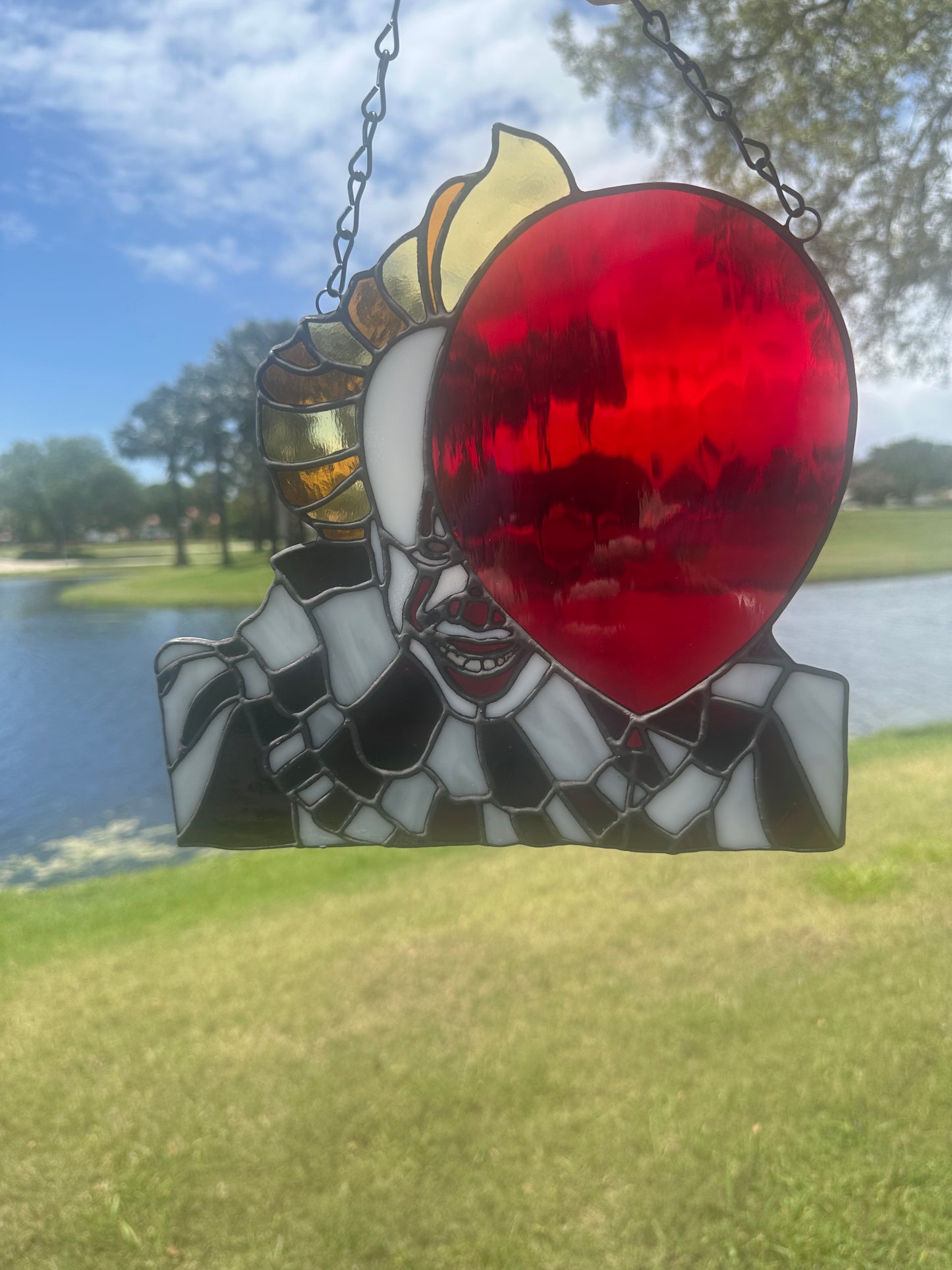 Creepy Clown Stained Glass Suncatcher with Red Balloon | Horror Window Hanging Decor
