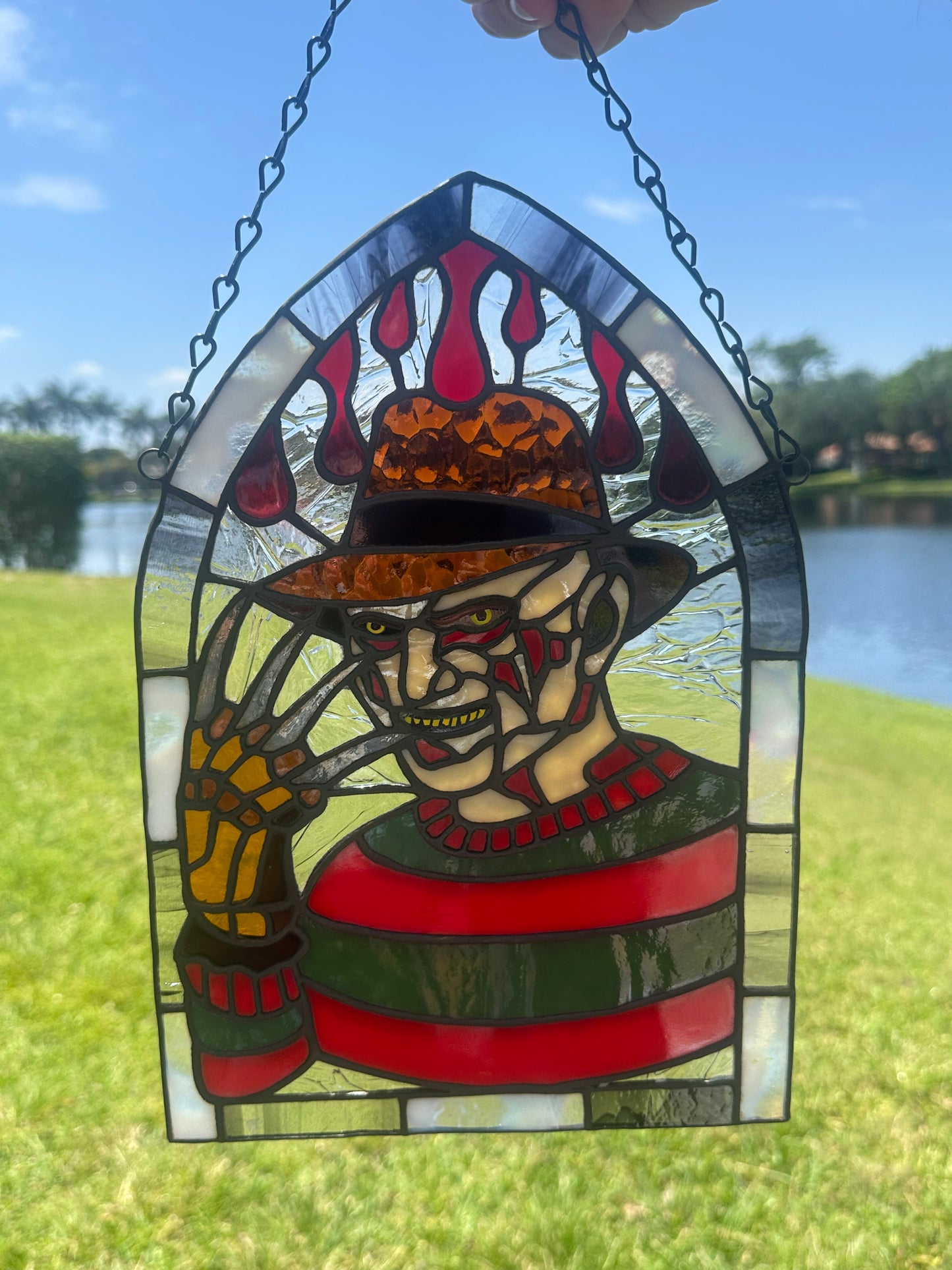 Freddy Horror Stained Glass Panel – Handcrafted Gothic Window Art