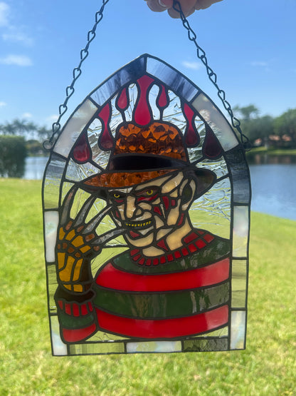 Freddy Horror Stained Glass Panel – Handcrafted Gothic Window Art