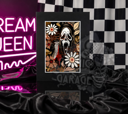 90s Slasher Scream Art Print – Ghost Face Style Horror with Floral Twist