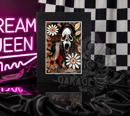 90s Slasher Scream Art Print – Ghost Face Style Horror with Floral Twist