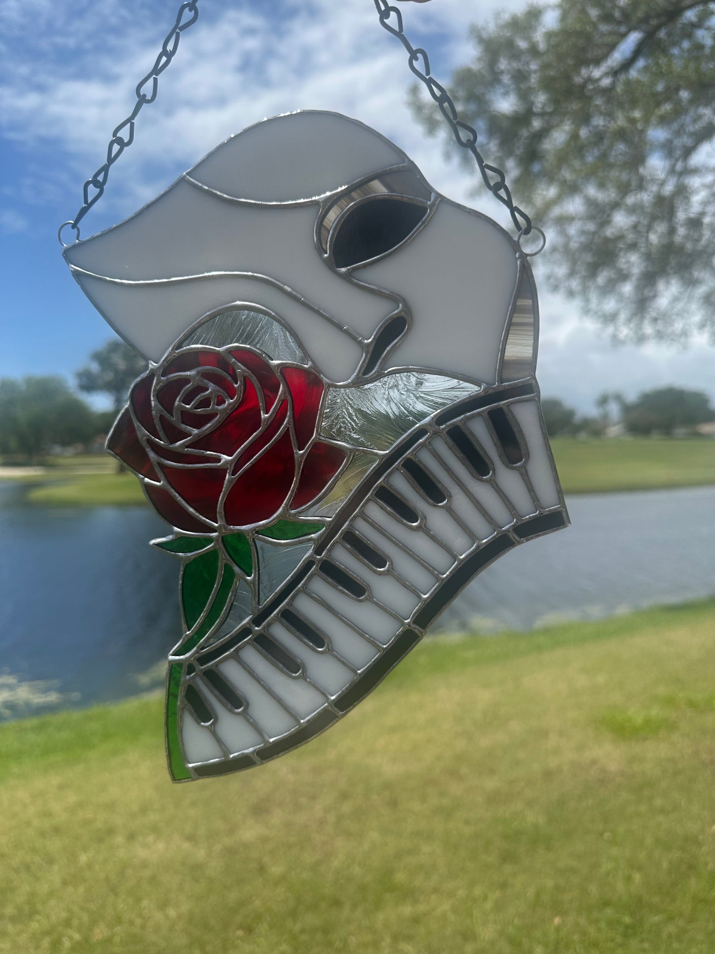 Phantom Mask Stained Glass Suncatcher with Rose & Piano | Gothic Music Window Hanging