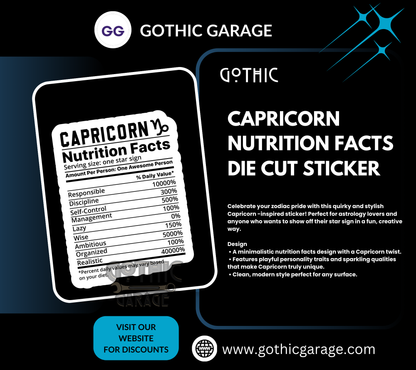 Capricorn Zodiac Nutrition Facts Waterproof Die Cut Sticker, Choose Between Glossy or Holographic, Perfect to Add Fun to any Surface