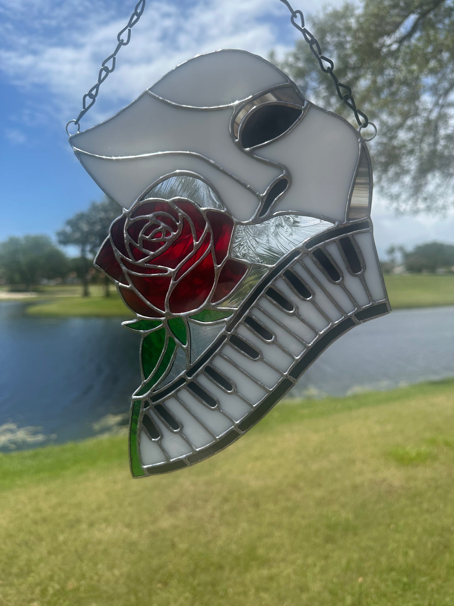 Phantom Mask Stained Glass Suncatcher with Rose & Piano | Gothic Music Window Hanging