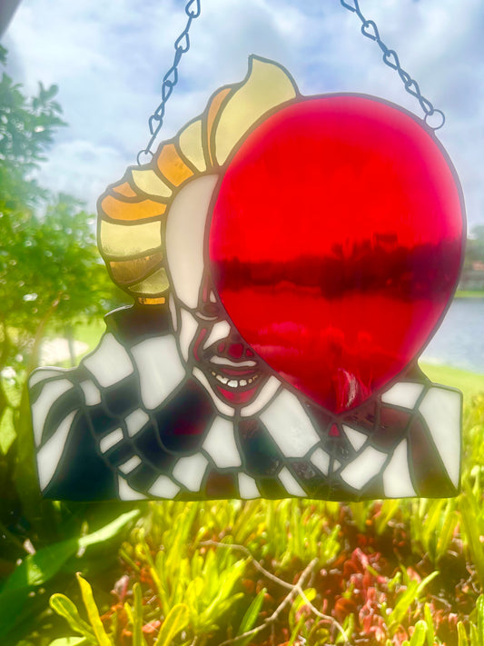 Creepy Clown Stained Glass Suncatcher with Red Balloon | Horror Window Hanging Decor