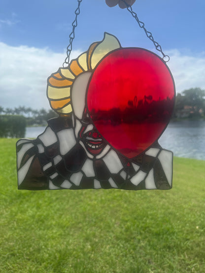Creepy Clown Stained Glass Suncatcher with Red Balloon | Horror Window Hanging Decor