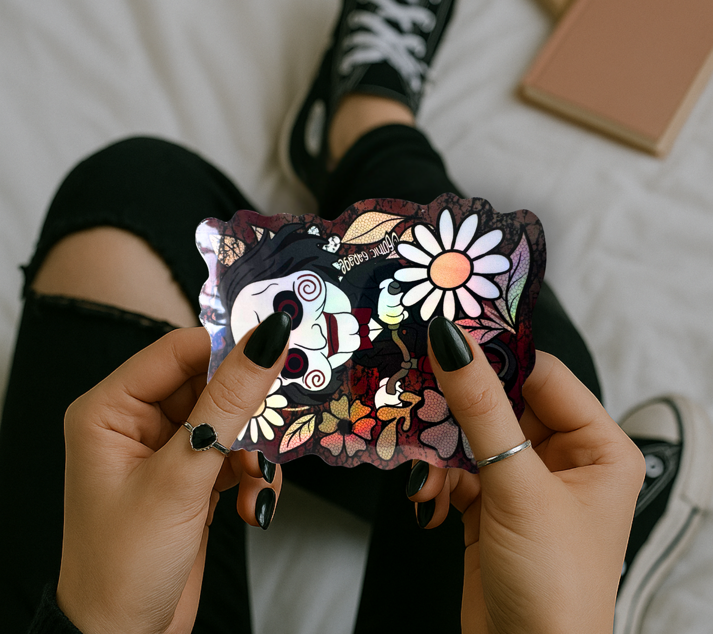 Creepy Floral Puppet Sticker — Waterproof Vinyl Decal for Horror Fans & Laptops