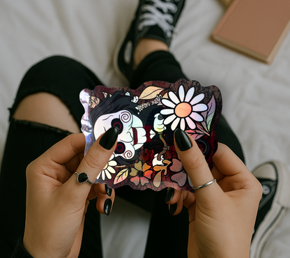 Creepy Floral Puppet Sticker — Waterproof Vinyl Decal for Horror Fans & Laptops