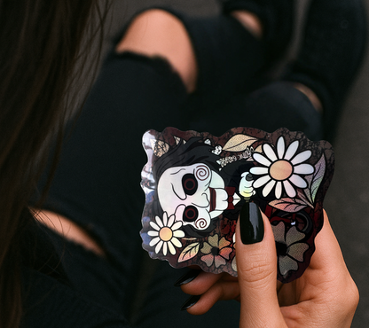 Creepy Floral Puppet Sticker — Waterproof Vinyl Decal for Horror Fans & Laptops