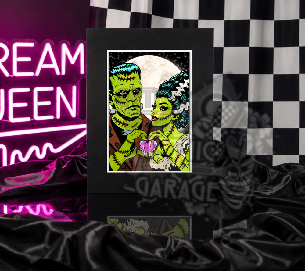 Retro Monster Couple Art Print – Gothic Romance Horror Wall Decor