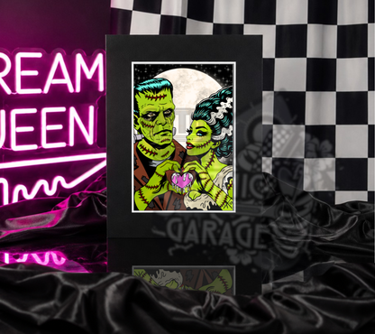 Retro Monster Couple Art Print – Gothic Romance Horror Wall Decor