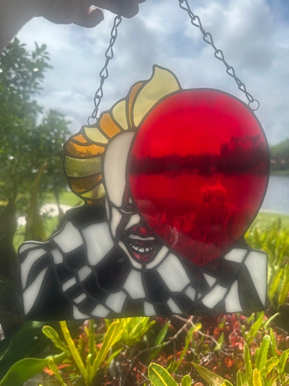 Creepy Clown Stained Glass Suncatcher with Red Balloon | Horror Window Hanging Decor