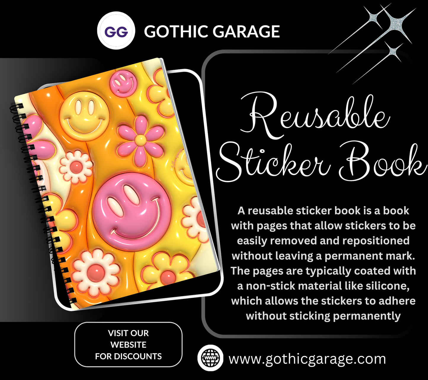 Retro 60's Flower Power Reusable Sticker Book, Vintage & Modern Design Album, Kid and Adult Friendly Organizer