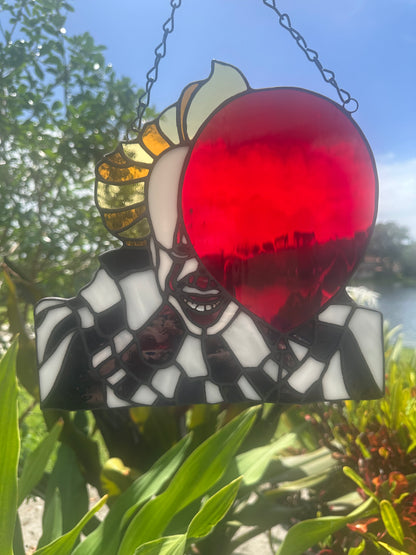 Creepy Clown Stained Glass Suncatcher with Red Balloon | Horror Window Hanging Decor