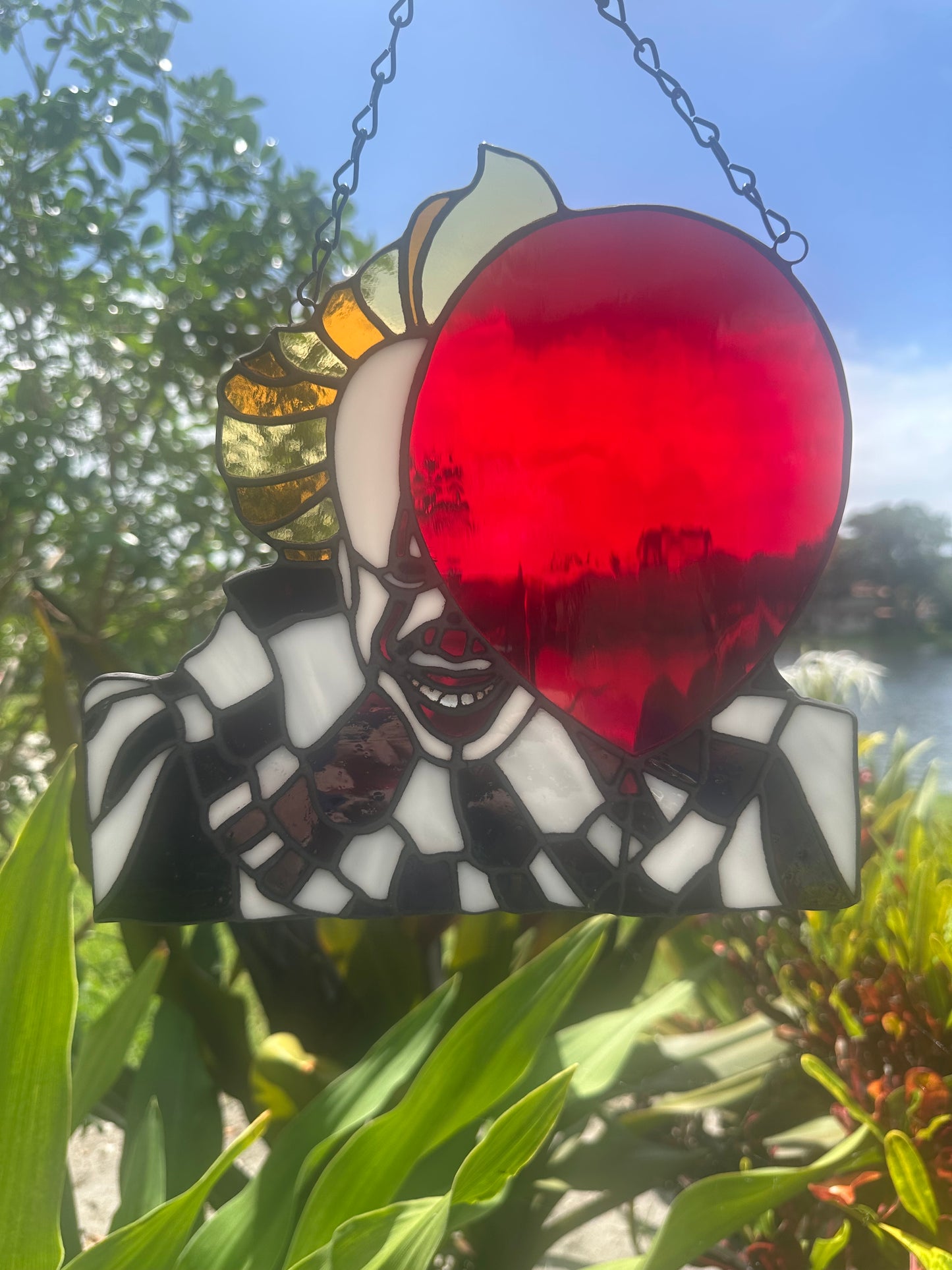 Creepy Clown Stained Glass Suncatcher with Red Balloon | Horror Window Hanging Decor