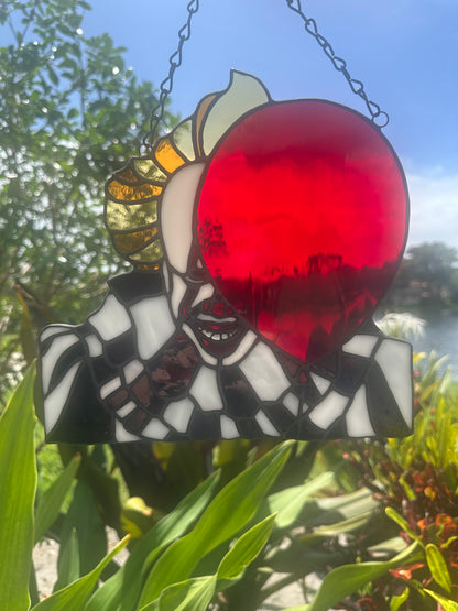 Creepy Clown Stained Glass Suncatcher with Red Balloon | Horror Window Hanging Decor