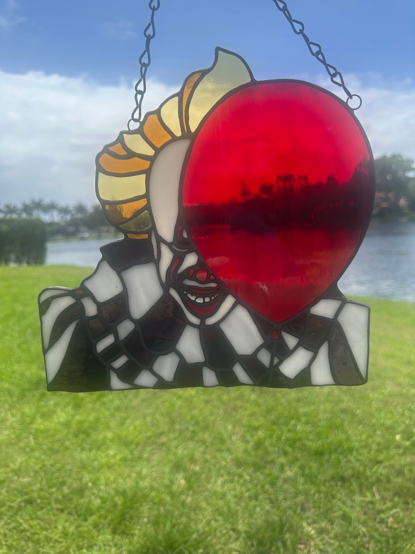 Creepy Clown Stained Glass Suncatcher with Red Balloon | Horror Window Hanging Decor