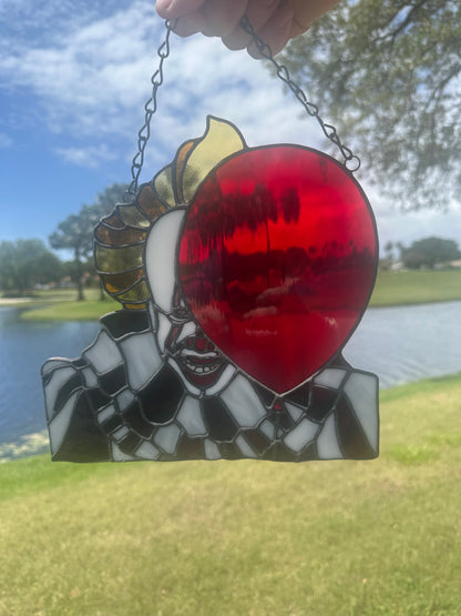 Creepy Clown Stained Glass Suncatcher with Red Balloon | Horror Window Hanging Decor