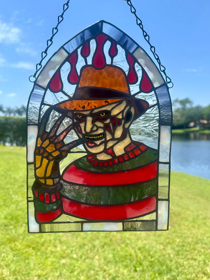 Freddy Horror Stained Glass Panel – Handcrafted Gothic Window Art