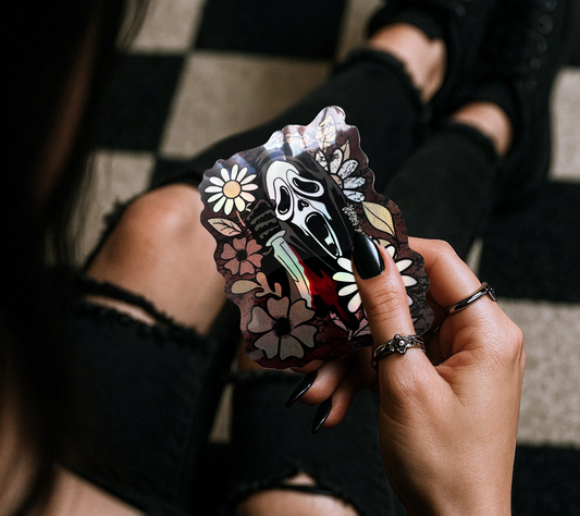 Floral Slasher Ghost Sticker — Creepy Cute Horror Vinyl for Water Bottles, Laptops & Gifts