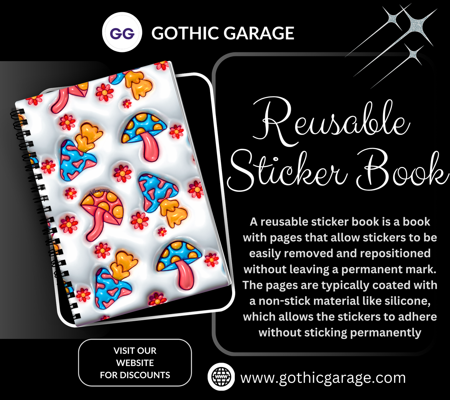 Retro Mushrooms Reusable Sticker Book, Perfect Gift to Personalize,  Kids and Adult Friendly Sticker Organizer