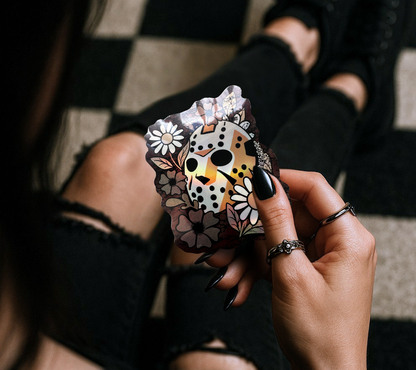 Horror Hockey Mask Flower Sticker — Creepy Cute Waterproof Vinyl for Laptops, Water Bottles & Horror Fans