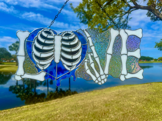 LOVE Skeletal Hands Stained Glass Panel – Gothic Home Hanging Decor