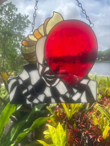Creepy Clown Stained Glass Suncatcher with Red Balloon | Horror Window Hanging Decor