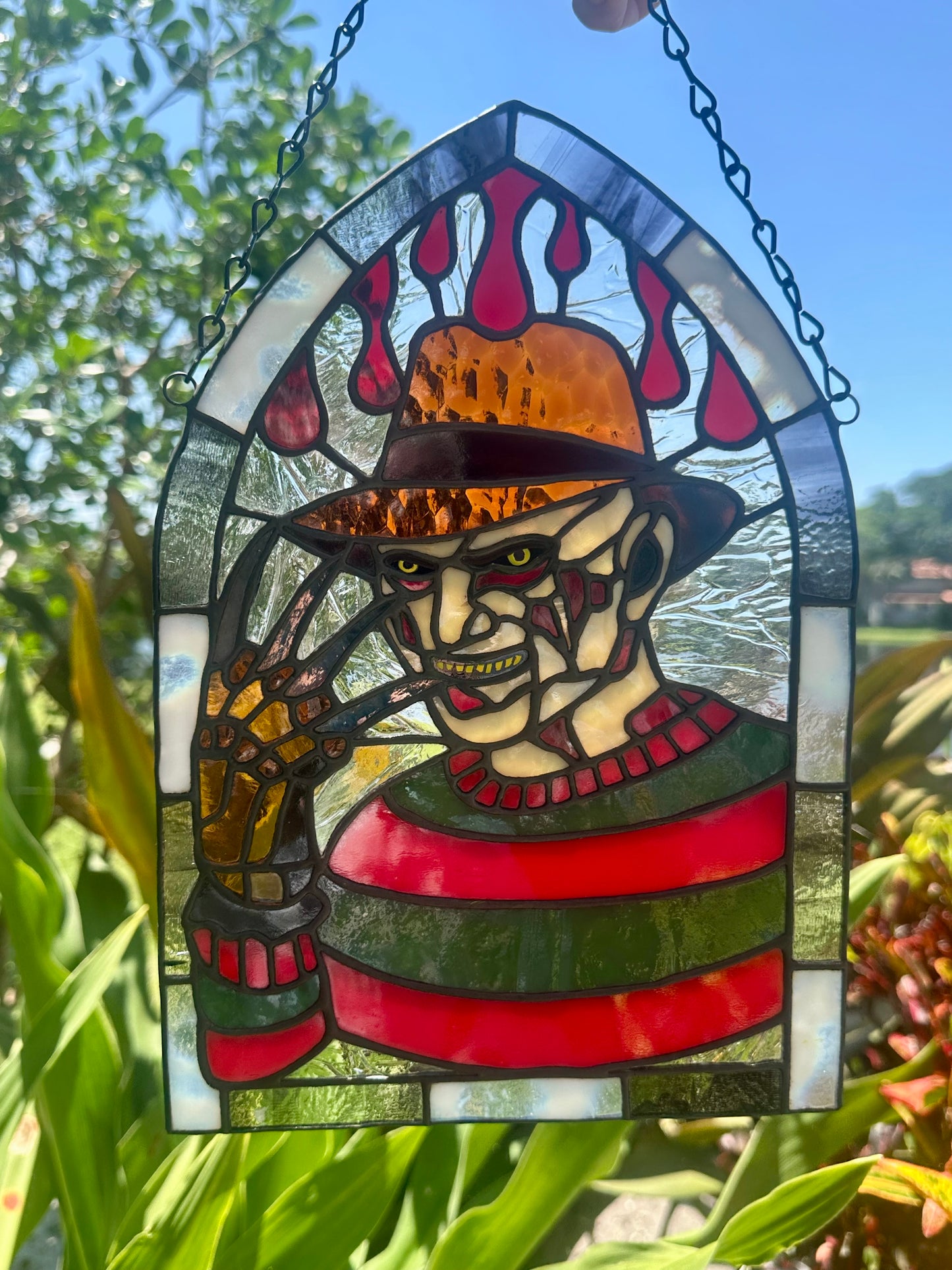 Freddy Horror Stained Glass Panel – Handcrafted Gothic Window Art