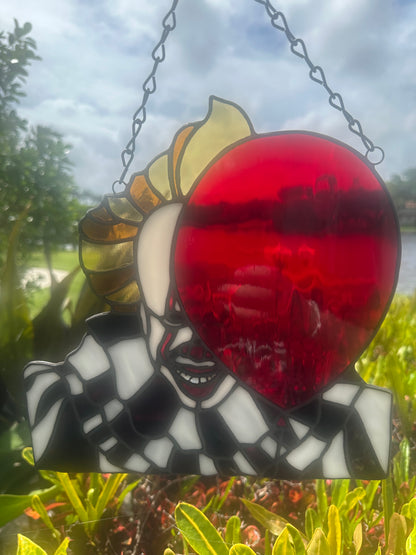 Creepy Clown Stained Glass Suncatcher with Red Balloon | Horror Window Hanging Decor