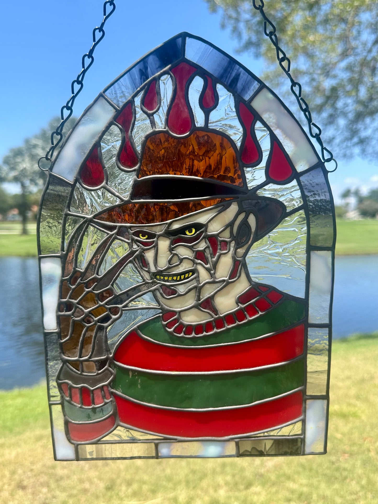 Freddy Horror Stained Glass Panel – Handcrafted Gothic Window Art