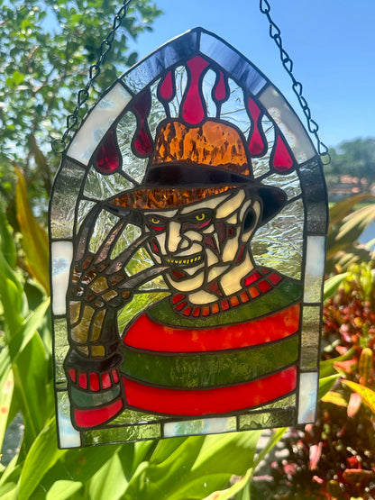 Freddy Horror Stained Glass Panel – Handcrafted Gothic Window Art