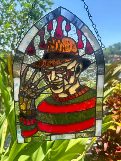 Freddy Horror Stained Glass Panel – Handcrafted Gothic Window Art