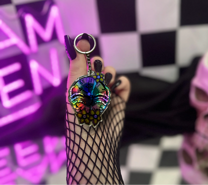 Skeleton Clock Keychain – Holographic Resin Key Ring with Gothic Flowers & Skull Hands
