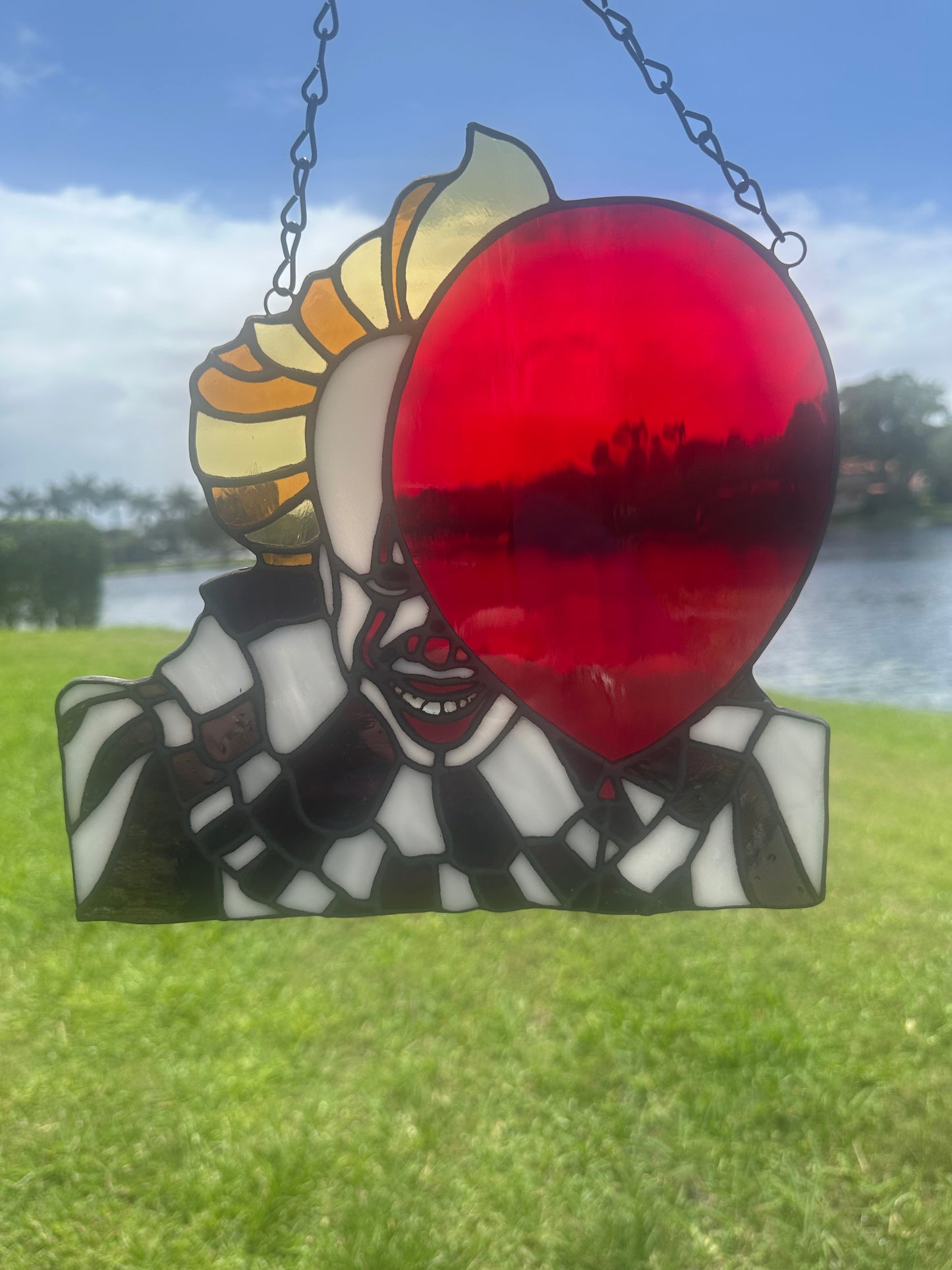 Creepy Clown Stained Glass Suncatcher with Red Balloon | Horror Window Hanging Decor