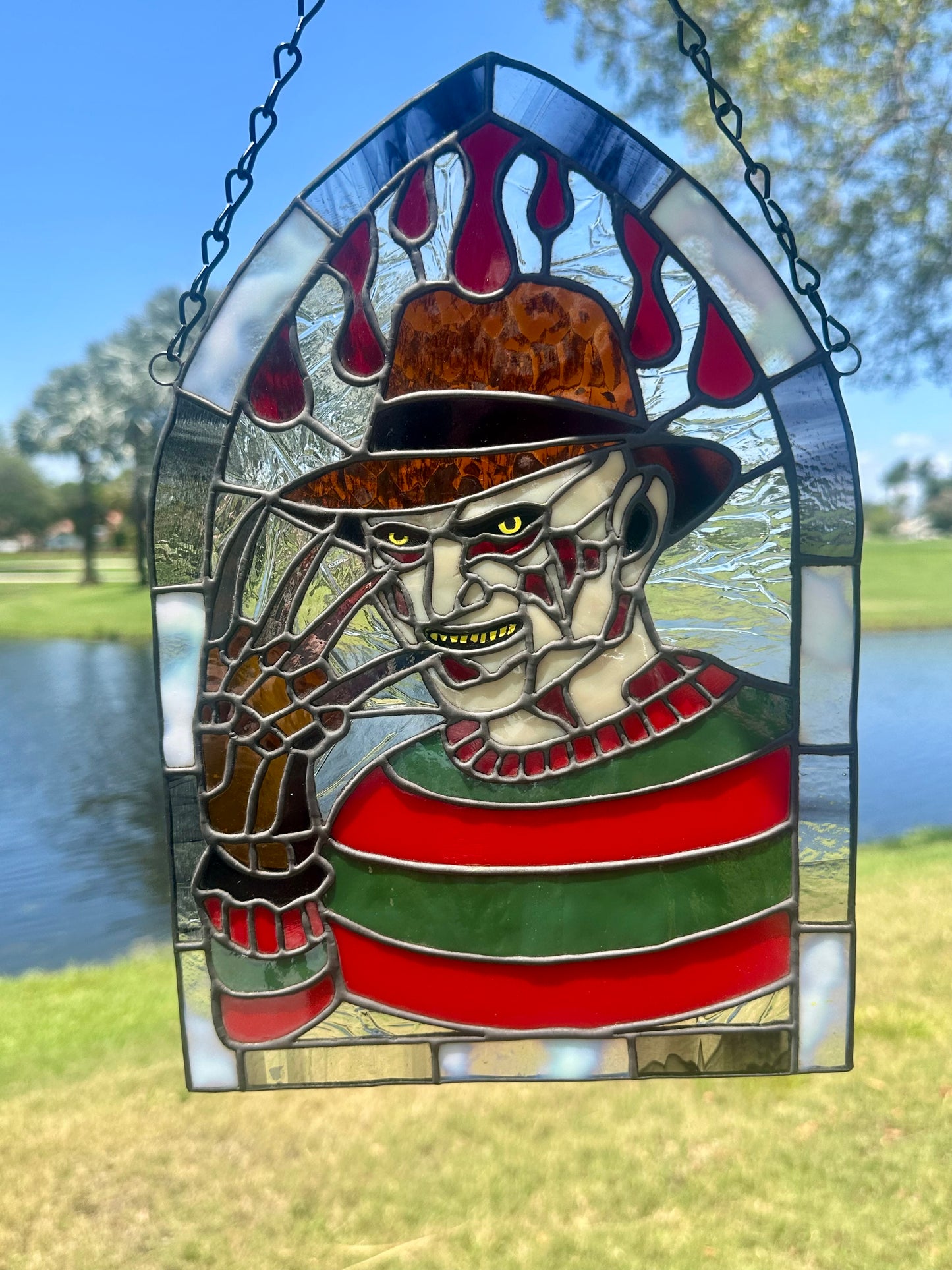 Freddy Horror Stained Glass Panel – Handcrafted Gothic Window Art