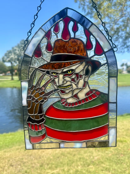 Freddy Horror Stained Glass Panel – Handcrafted Gothic Window Art