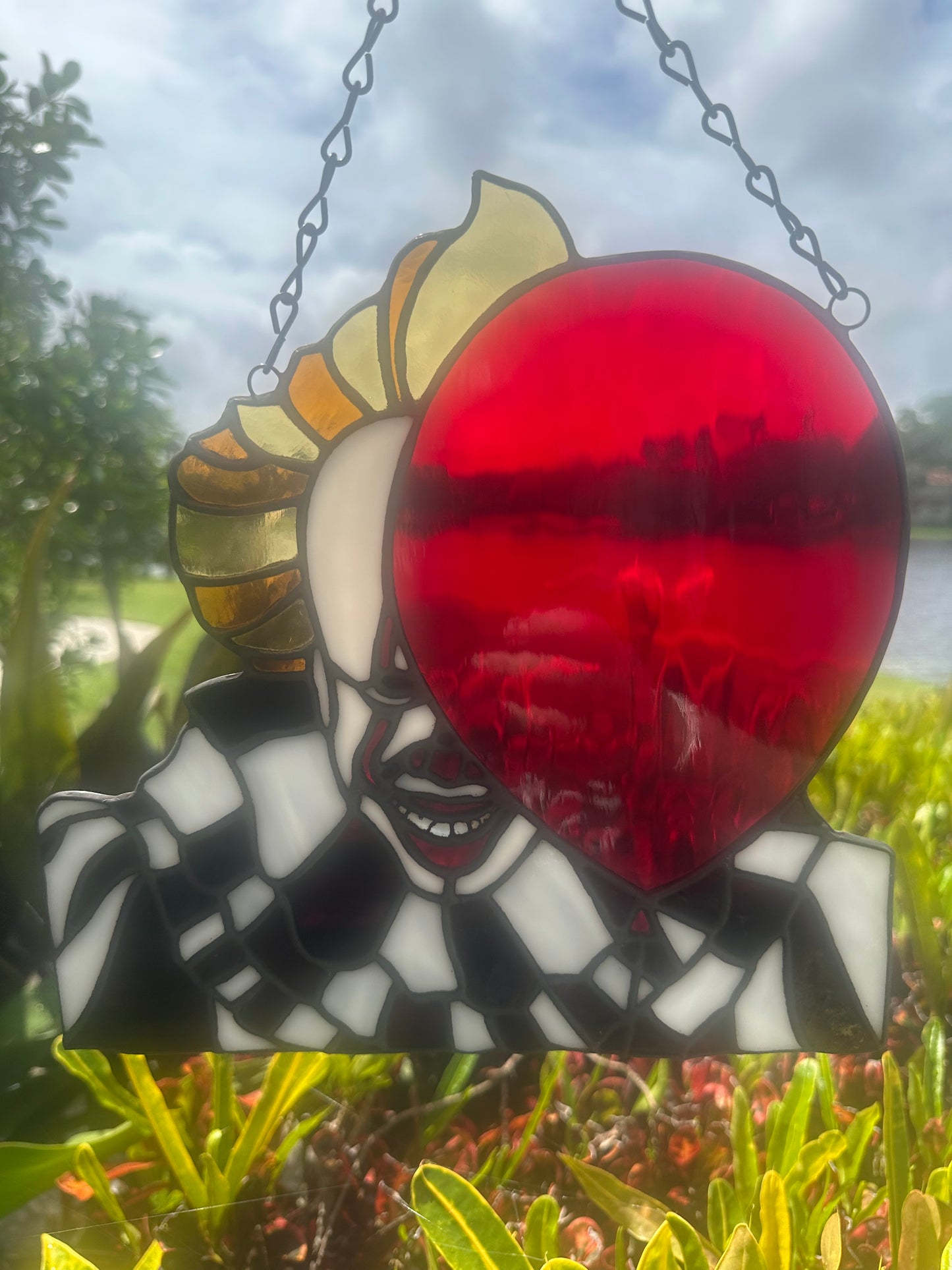 Creepy Clown Stained Glass Suncatcher with Red Balloon | Horror Window Hanging Decor