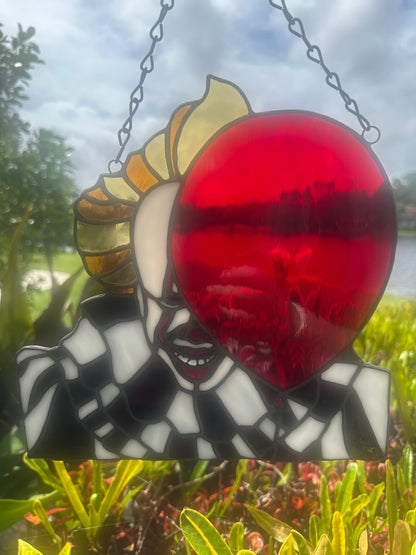 Creepy Clown Stained Glass Suncatcher with Red Balloon | Horror Window Hanging Decor