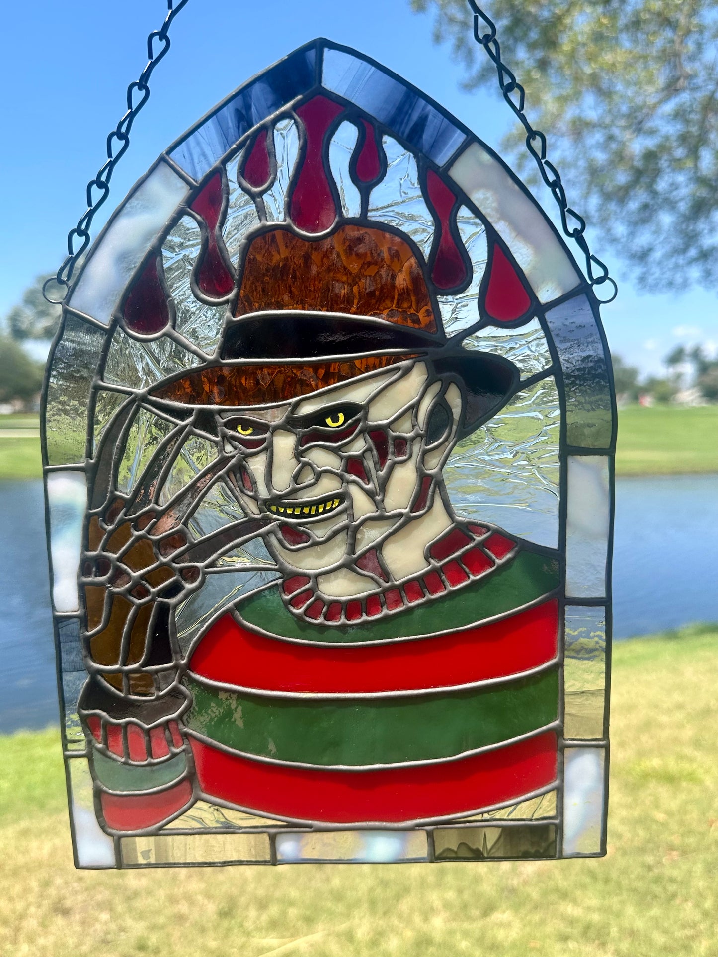 Freddy Horror Stained Glass Panel – Handcrafted Gothic Window Art
