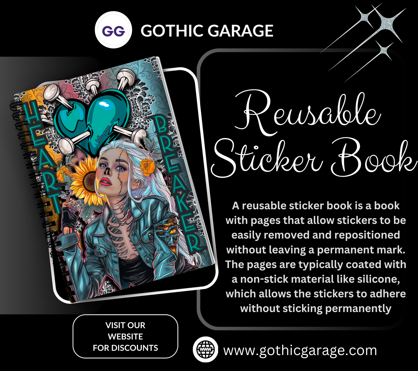 Heart Breaker Skeleton Reusable Sticker Book, Gothic Vibe Sticker Album, Perfect Gift to Personalize for Goth Lovers & Sticker Collectors