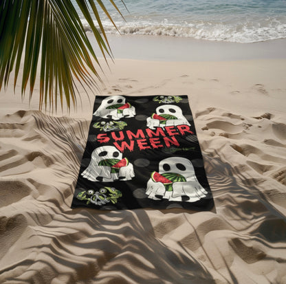 Summerween Ghost with Watermelon & Cute Spooky Crab Beach Towel