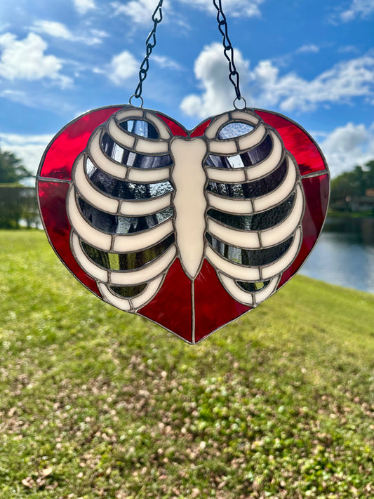 Anatomical Ribcage Heart Stained Glass Suncatcher – Gothic Love Window Art