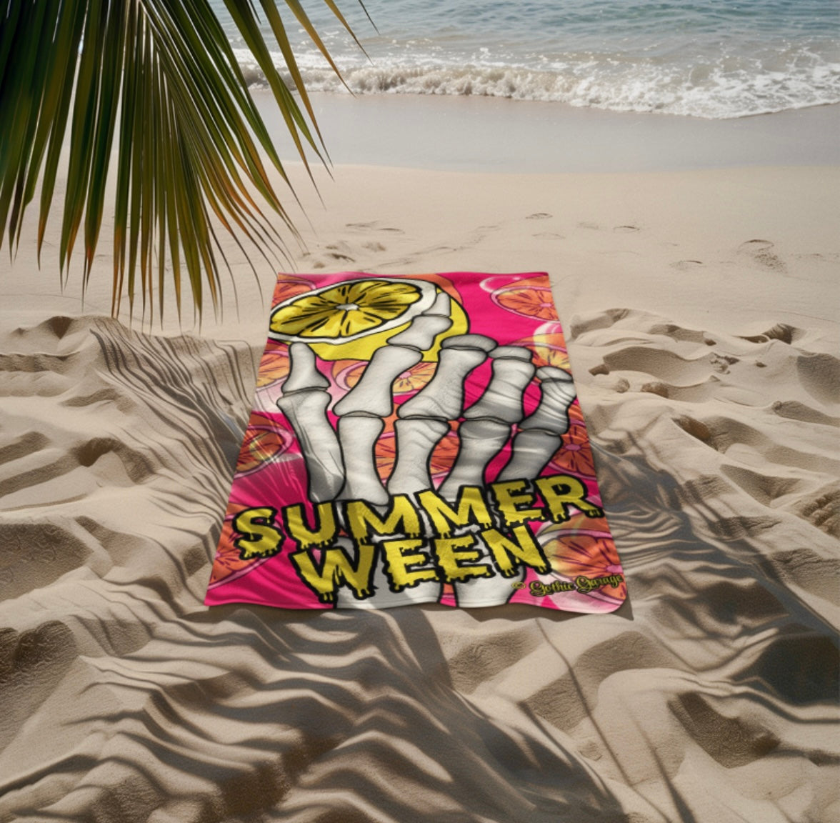 Neon Lemon Skeleton Hand Beach Towel — Summerween Pool Party