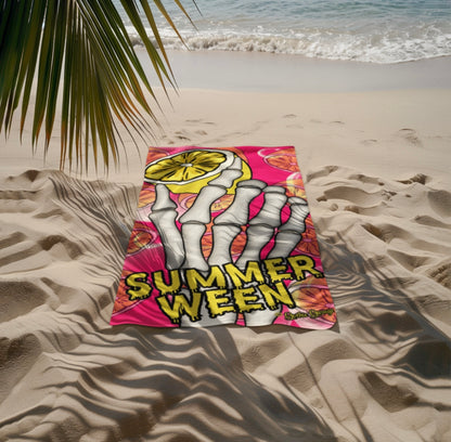 Neon Lemon Skeleton Hand Beach Towel — Summerween Pool Party