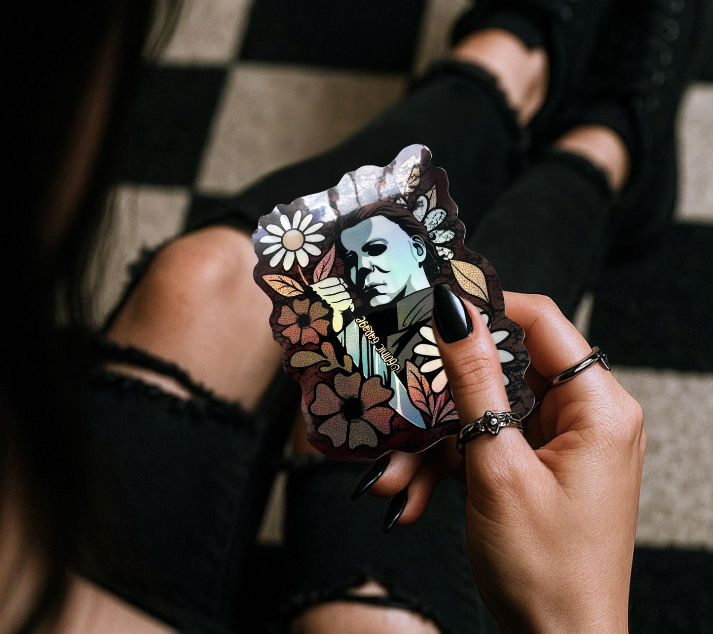 Floral Masked Horror Sticker — Creepy Cute Vinyl for Water Bottles, Laptops & Gifts